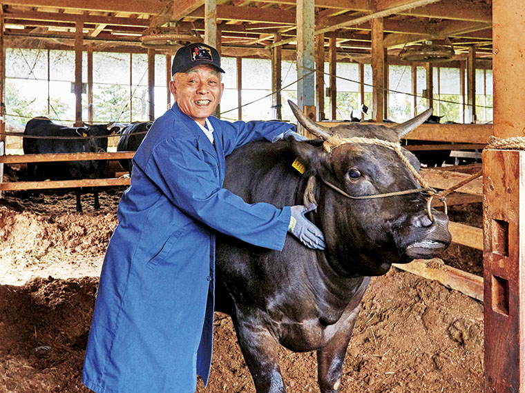牛舎で自慢の「米沢牛」を愛でる中川市長。平成9年に全国肉用牛枝肉共励会「雌の部」で最優秀賞を受賞した鈴木寿一さん、英行さんの牛舎にて撮影