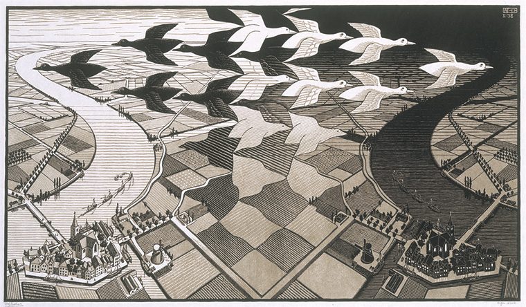 M.C.エッシャー《昼と夜》1938年 板目木版 2色刷 ハウステンボス美術館蔵 All M.C.Escher works(c)Escher Holding B.V.-Baarn-the Netherlands