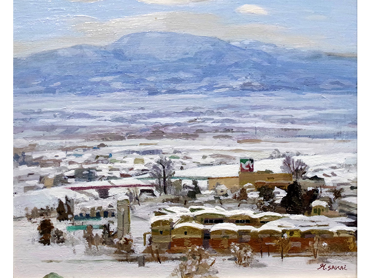 「雪の梁川町」(油彩)