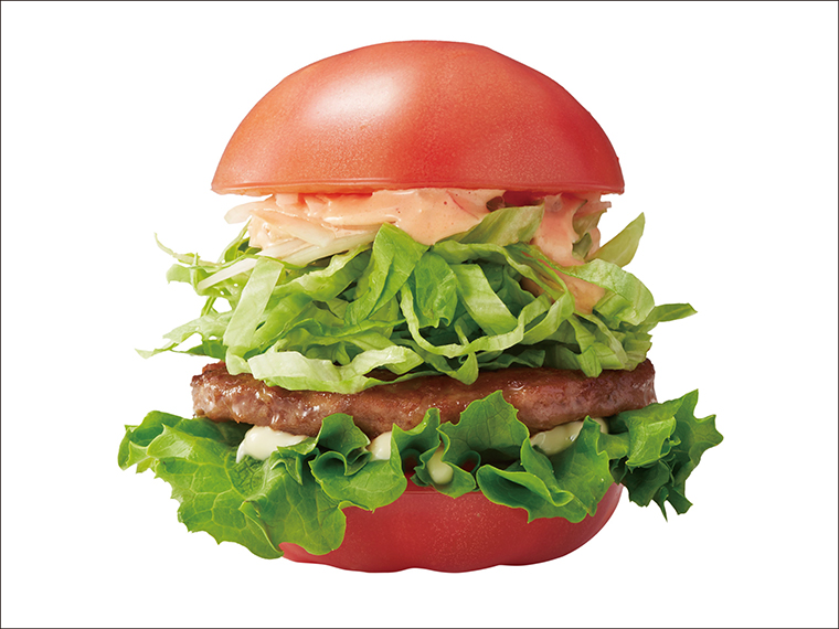「南会津南郷トマト使用 トマトサラダバーガー」(490円)。南郷トマトは糖度が高くしっかりとした実が特徴なので、ハンバーガーとの相性も抜群!