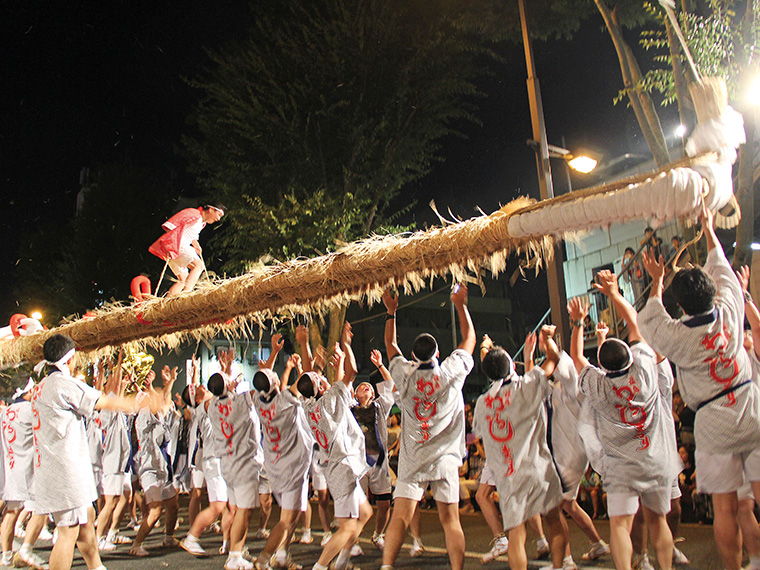 長さ12mの日本一の大わらじが祭りのシンボル。「わっしょい!」の掛け声に合わせ、会場内を練り歩く