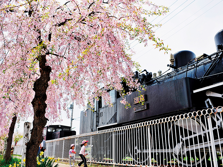 中間点付近にあるSL広場には、昭和58年ごろ実際に日中線を走っていた機関車を展示