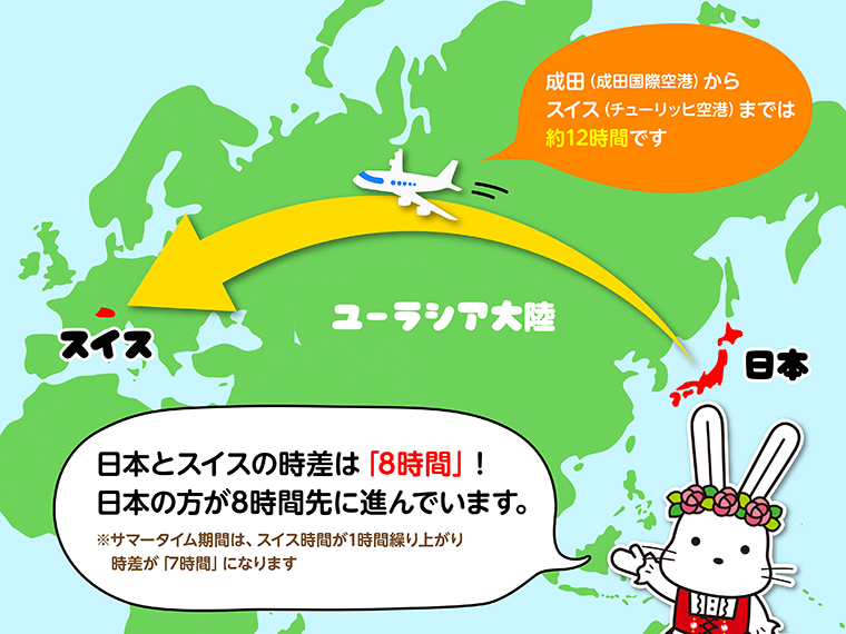 日本（成田国際空港）からスイス（チューリッヒ空港）までは約12時間！