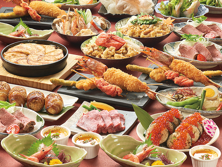 名物ジャンボエビフライも味わえる!料理はすべて個別盛りで、鍋や食事はお好みで選択可