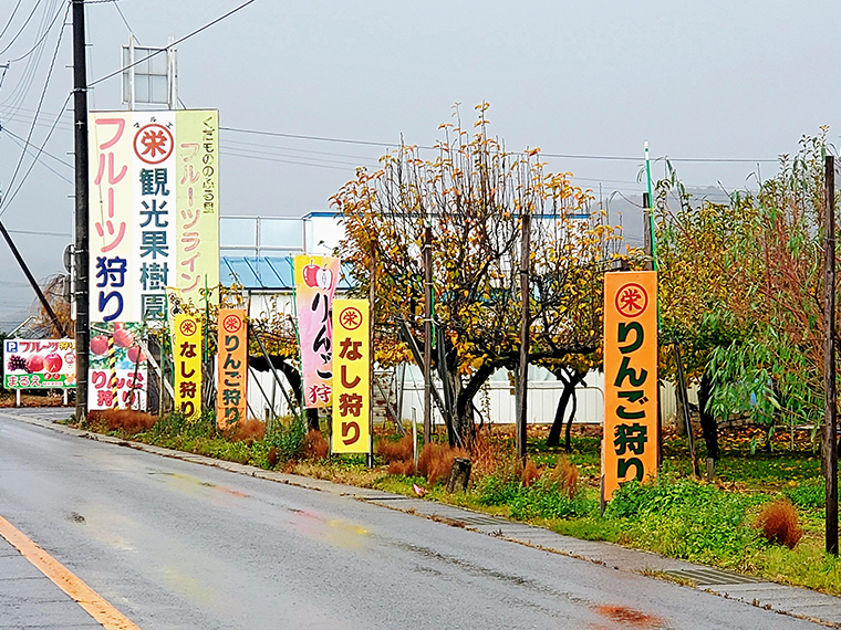 フルーツラインには果物狩りをやっている果樹園がたくさん。道沿いには福島県外から来た観光客に一生懸命アピールしてる看板があちこちに