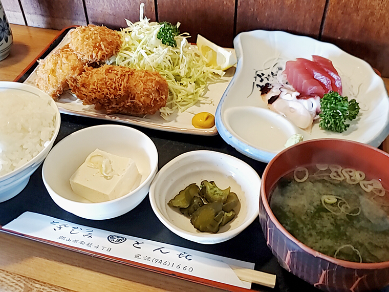 ヒレカツとコロッケが入った、刺身付B定食（1,300円）