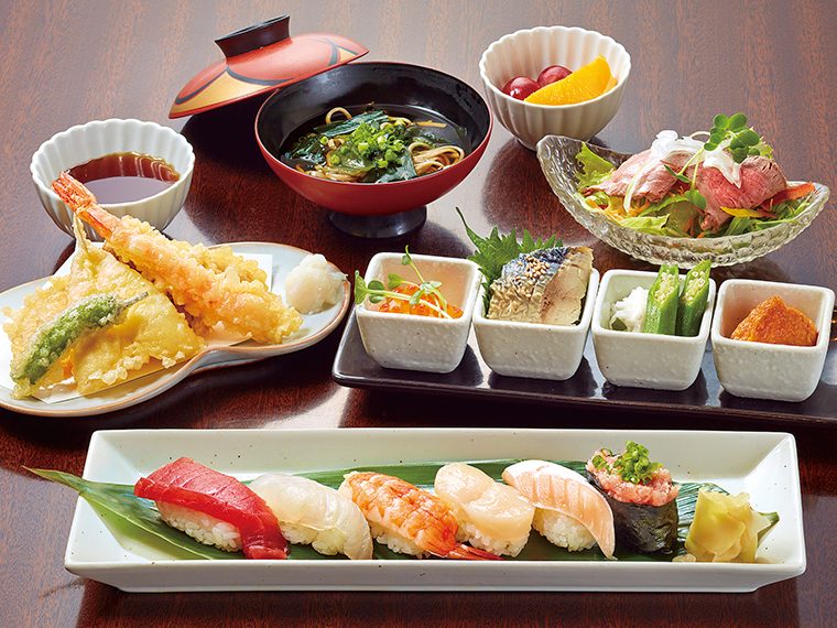 『魚の』の「天ぷらと寿司御膳」（通常1,870円）