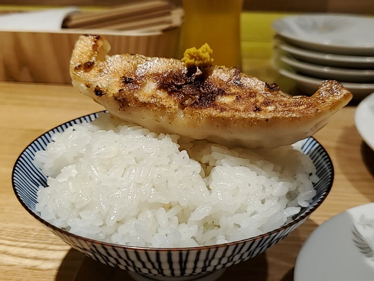 座礁した船のような餃子にカラシを乗せて