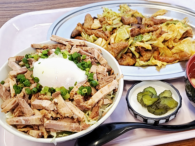 「チャーシュー丼」(495円)と「ホルモン炒め」(単品450円)で大沼亭さんを満喫