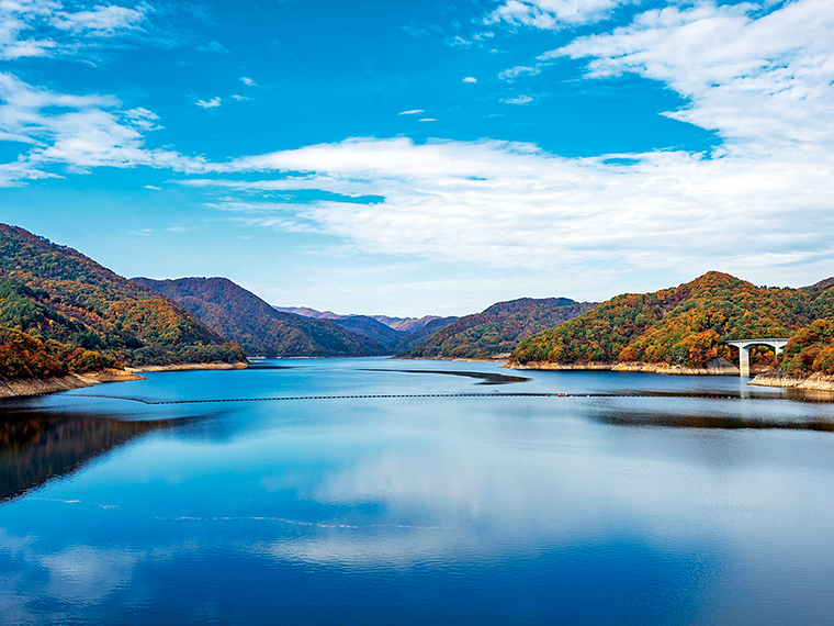 壮大な景観が広がる摺上川ダム「茂庭っ湖」。静けさをたたえる水面には、紅葉で色づいた山々と澄んだ青空が映し出される。見頃は10月下旬から11月上旬
