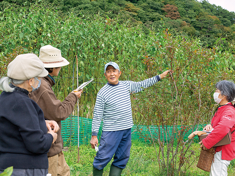 湯本公民館スキルアップ講座としてブルーベリーの栽培方法を教える晃さん。この日は古くなった枝の剪定方法を勉強した