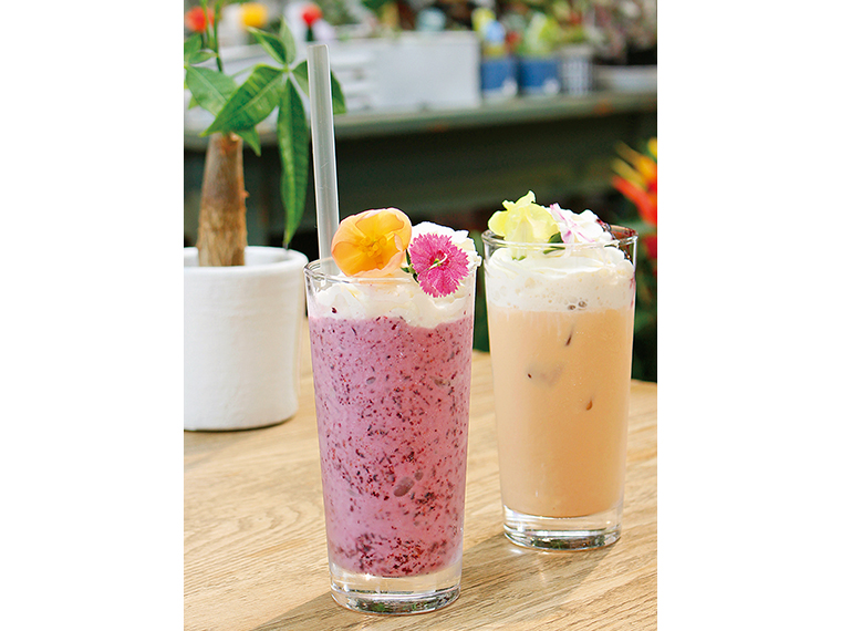鮮やかな見た目の「ブルーベリースムージー」(左・700円)と、ロイヤルミルクティーに生クリームをのせた「アイスティマキアート」(右・800円)