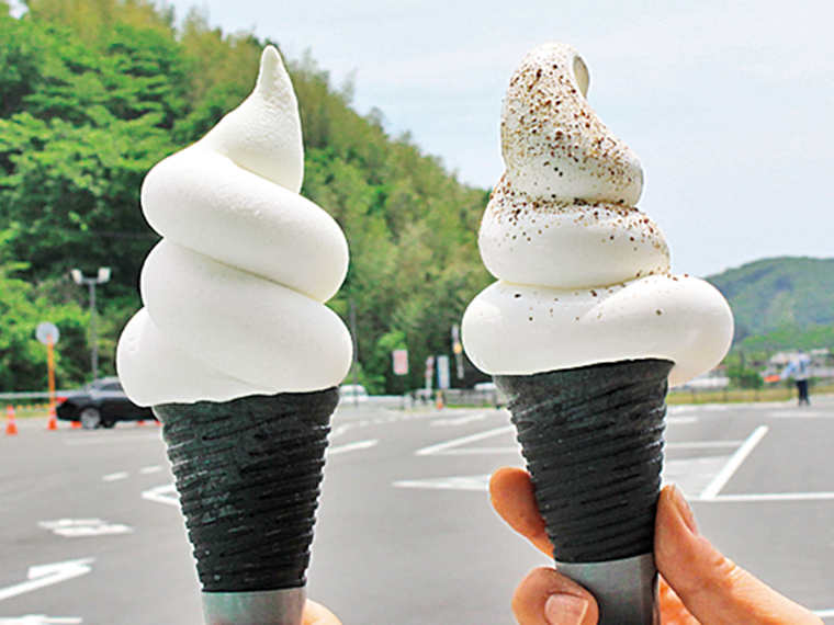 写真左から「ヤップルソフト」（400円）、鈴木醤油店のもろみ塩を使った「もろみ塩ソフト」（450円）