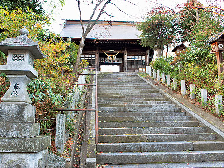 本殿までは立派な階段を上って。自然に囲まれた小高い山の上にあるので眺めも心地良い