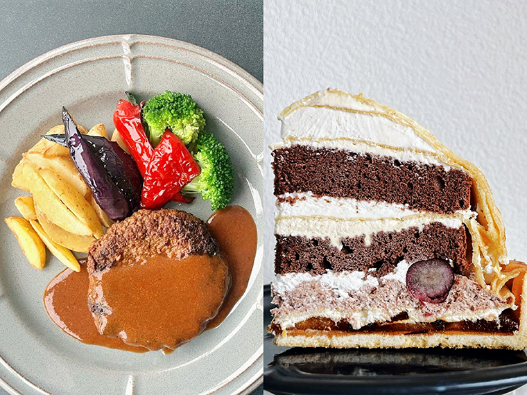 ランチの部で提供する「ハンバーグプレート」とカフェの部で提供する「木星ケーキ」※写真はイメージです