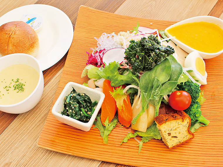 「農園野菜のサラダプレート」(1,430円、パン・スープ・ドリンク・デザート付き)。“野菜で野菜を食べる”、栄養満点プレート!タマネギのドレッシングで、野菜を中心とした約20品目の食材を楽しめる