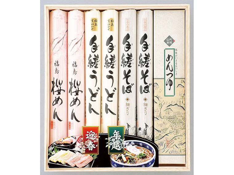 「手縒そば・うどん、桜めんのセット」（3,456円）【やない製麺［福島市］】