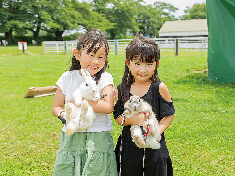 抱っこしたり、一緒に遊んだり、エサをあげたりしよう。ウサギを散歩させることができる「うさんぽ」は15分500円