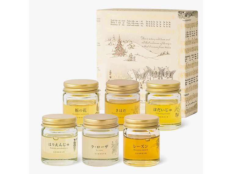 はりえんじゅ、ラ・ローザ、レーズン、栃の花、きはだ、ぼだいじゅ（各40g）のはちみつ6種が入っている
