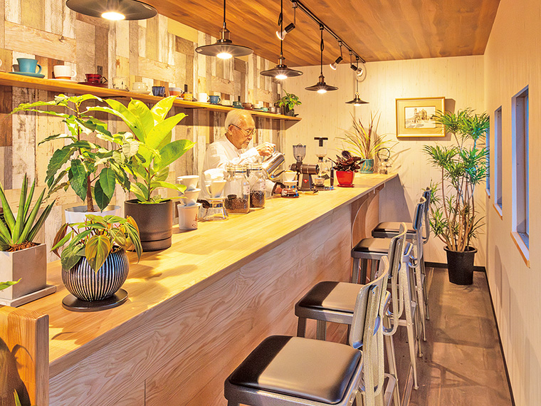 観葉植物が随所に置かれた癒やし空間。カウンター10席、テーブル4席の落ち着いた店内