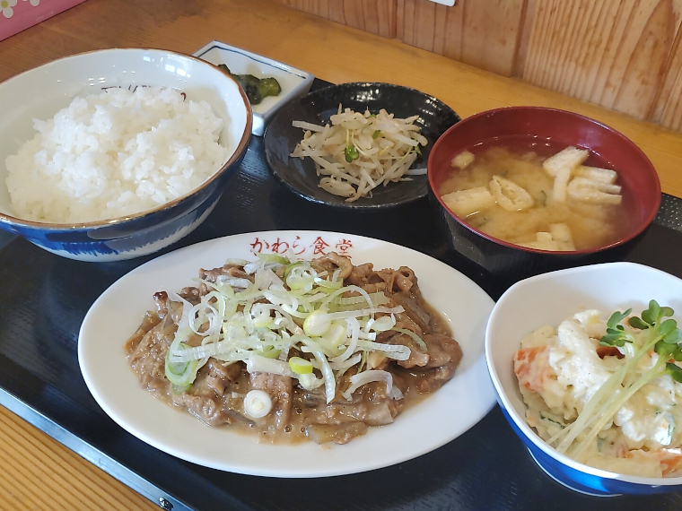 「もつ定食」（1,250円）と「マカロニハーフ」（450円）