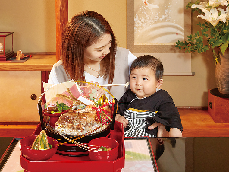 旬の食材を取り入れた「お食い初め膳」（3,300円）。『竹林亭』『こけしの里』でも対応可能