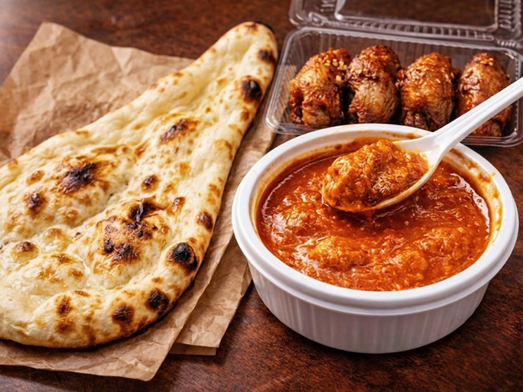 「バターチキンカレーセット」（900円）と「Dスパイシーチキン」（4個550円）。カレーは約15種類ほどそろえる