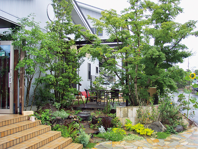 多彩な植物を用いて緑豊かに仕上げたウッドデッキ