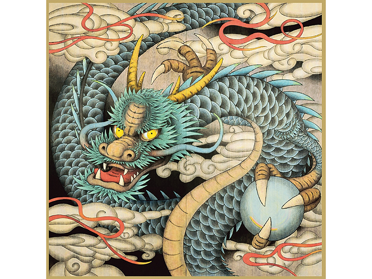 天井画の中央。躍動感ある猪苗代湖の龍神を描いた